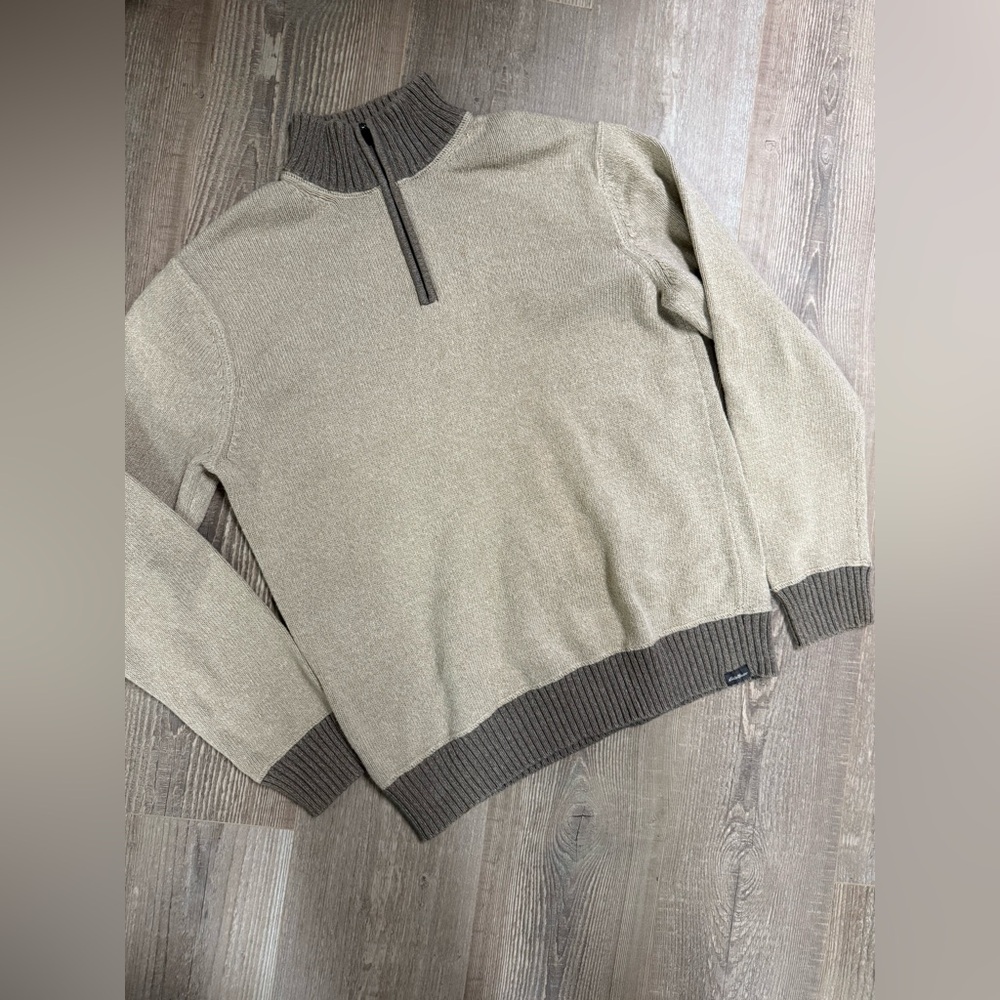 Eddie Bauer Men's Tan and Brown Cotton Zip-Up Sweater